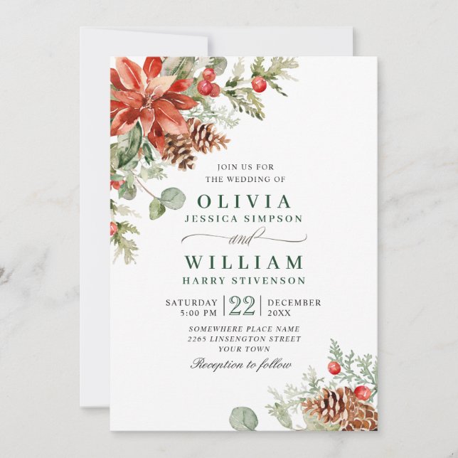 Elegant Red Poinsettia Pine Fir Watercolor Wedding Einladung (Vorderseite)