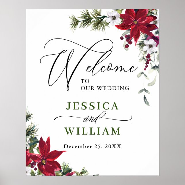 Elegant Red Poinsettia Pine Fir Wedding Willkommen Poster (Vorne)