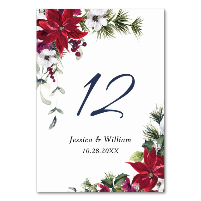 Elegant Red Poinsettia Pine Fur Wedding Table Numb Tischnummer (Vorderseite)