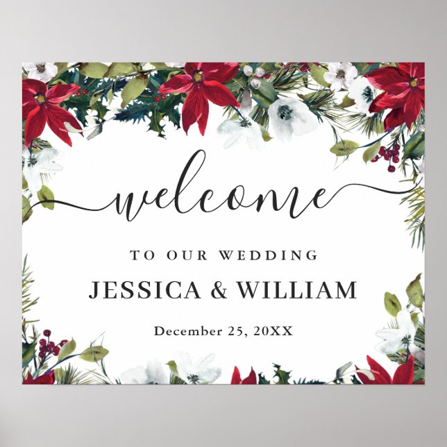 Elegant Red Poinsettia Pine Fur Wedding Willkommen Poster (Vorne)