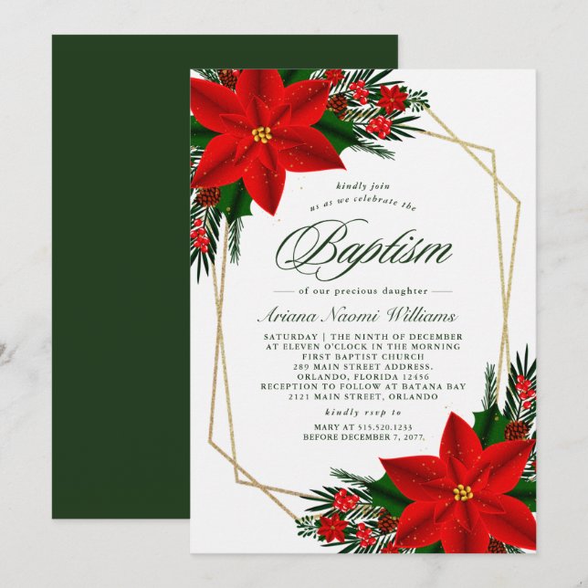 Elegant Red Poinsettia Pine Greenerity Taufe Einladung (Vorne/Hinten)