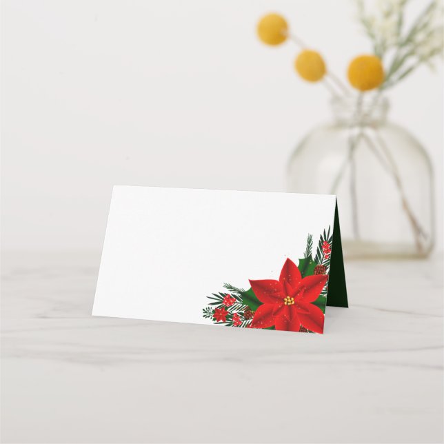 Elegant Red Poinsettia Pine Grüne Weihnachten Platzkarte (Vorderseite)