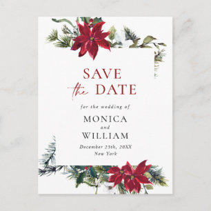 Elegant Red Poinsettia Pine Wedding Save the Date Postkarte