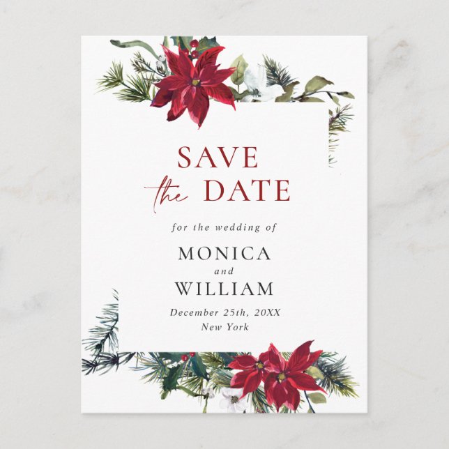 Elegant Red Poinsettia Pine Wedding Save the Date Postkarte (Vorderseite)