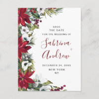 Elegant Red Poinsettia Pine Wedding Save the Date