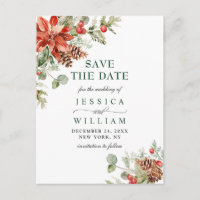 Elegant Red Poinsettia Pine Wedding Save the Date