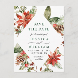 Elegant Red Poinsettia Pine Wedding Save the Date Postkarte