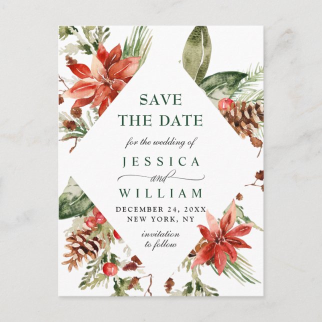Elegant Red Poinsettia Pine Wedding Save the Date Postkarte (Vorderseite)