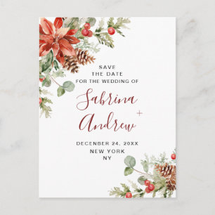 Elegant Red Poinsettia Pine Wedding Save the Date Postkarte