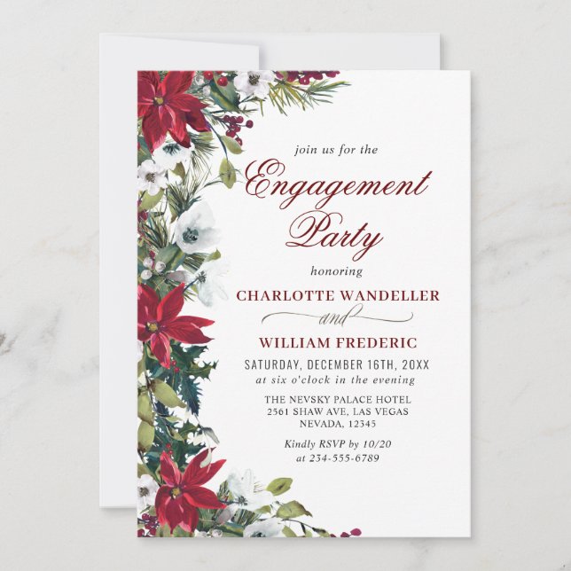 Elegant Red Poinsettia Watercolor ENGAGEMENT PARTY Einladung (Vorderseite)