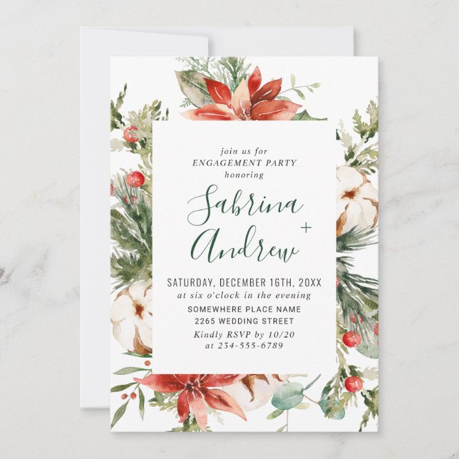 Elegant Red Poinsettia Watercolor ENGAGEMENT PARTY Einladung (Vorderseite)