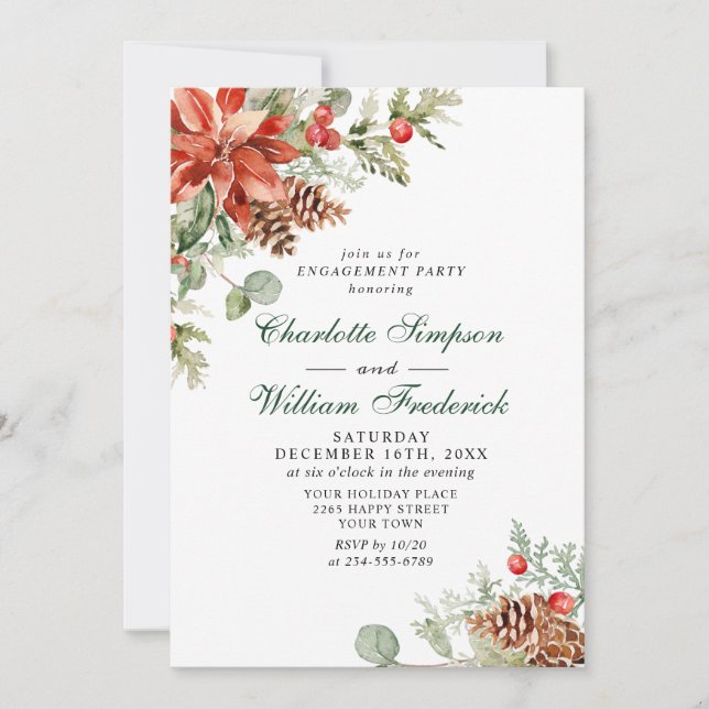 Elegant Red Poinsettia Watercolor ENGAGEMENT PARTY Einladung (Vorderseite)