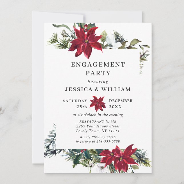 Elegant Red Poinsettia Watercolor ENGAGEMENT PARTY Einladung (Vorderseite)