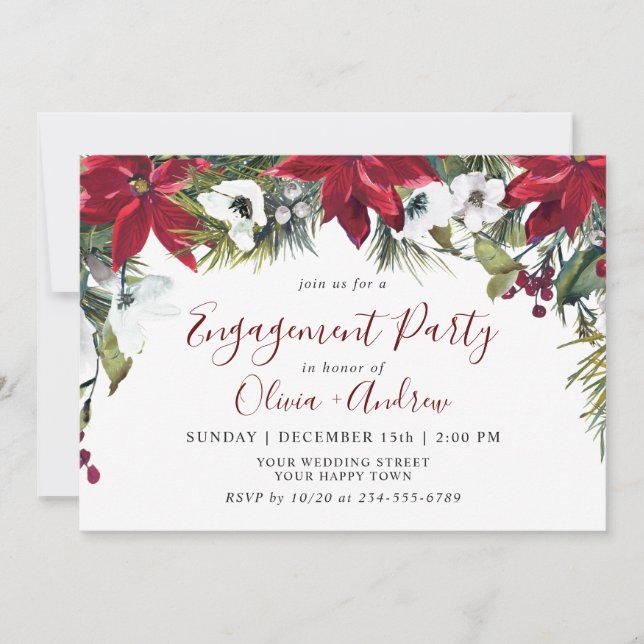 Elegant Red Poinsettia Watercolor ENGAGEMENT PARTY Einladung (Vorderseite)