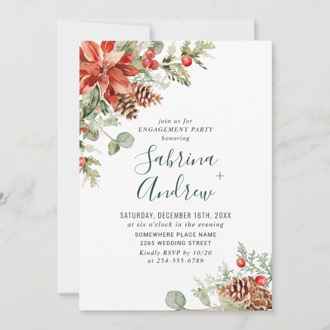 Elegant Red Poinsettia Watercolor ENGAGEMENT PARTY Einladung (Vorderseite)