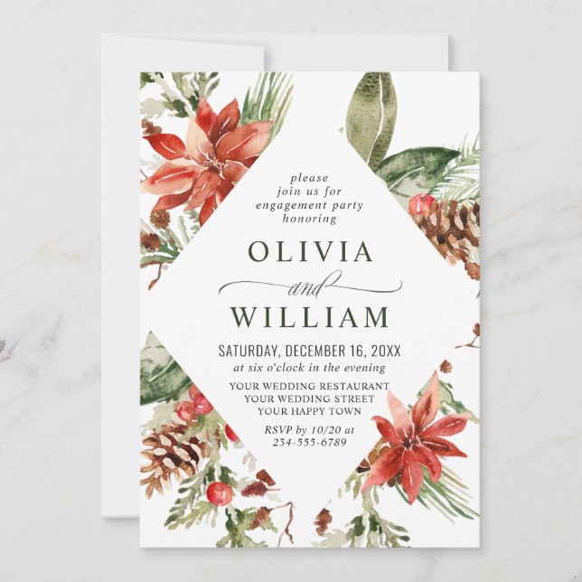 Elegant Red Poinsettia Watercolor ENGAGEMENT PARTY Einladung (Vorderseite)