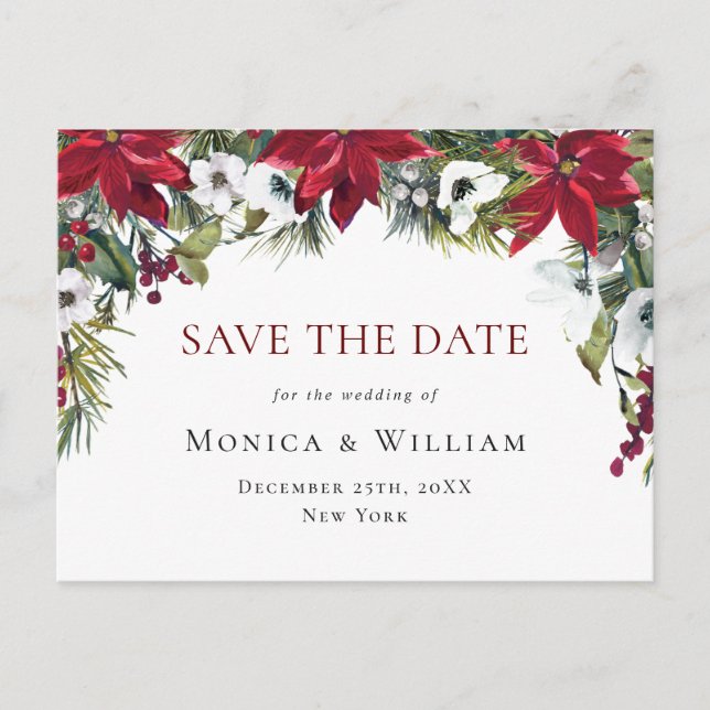 Elegant Red Poinsettia Wedding Save the Date Postkarte (Vorderseite)