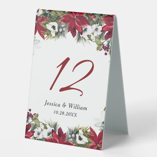 Elegant Red Poinsettia Wedding Table Zent Sign Tischaufsteller (Vorderseite)