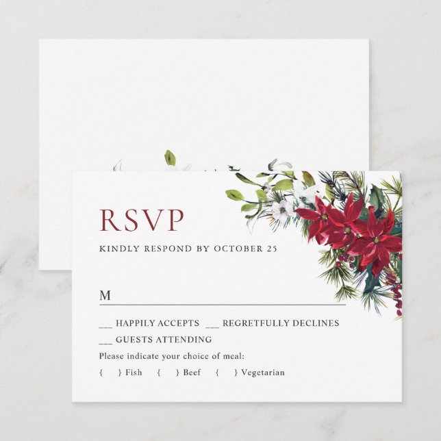 Elegant Red Poinsettia WeihnachtsWedding RSVP Karte (Vorne/Hinten)