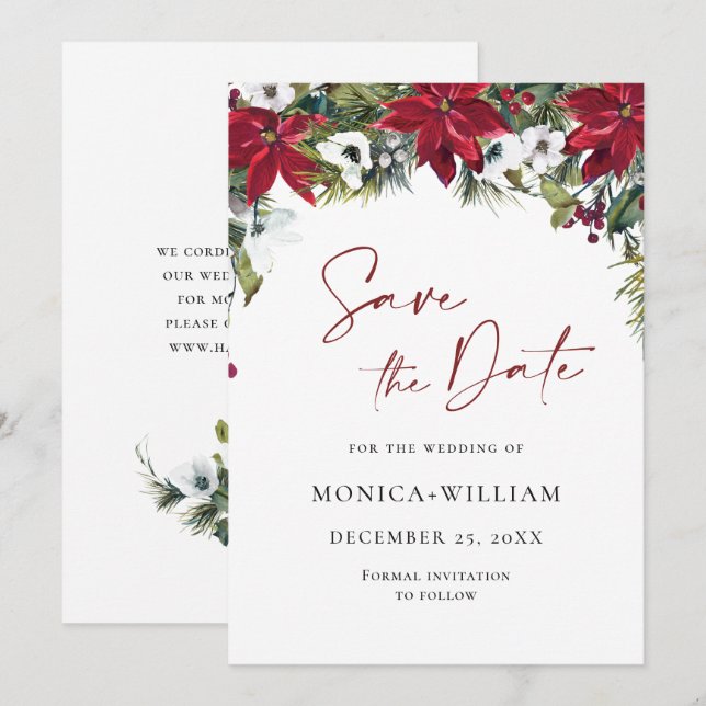 Elegant Red Poinsettia WeihnachtsWedding Save The Date (Vorne/Hinten)