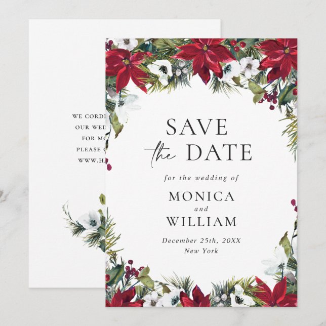 Elegant Red Poinsettia WeihnachtsWedding Save The Date (Vorne/Hinten)