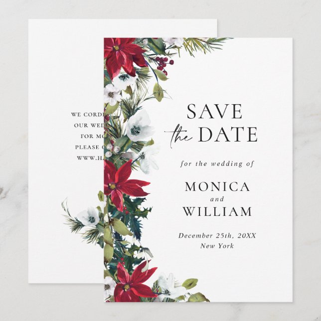 Elegant Red Poinsettia WeihnachtsWedding Save The Date (Vorne/Hinten)