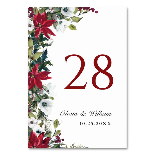 Elegant Red Poinsettia WeihnachtsWedding Tischnummer (Vorderseite)