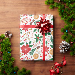 Elegant Red Poinsettia Winter Berry Weihnachten Geschenkpapier