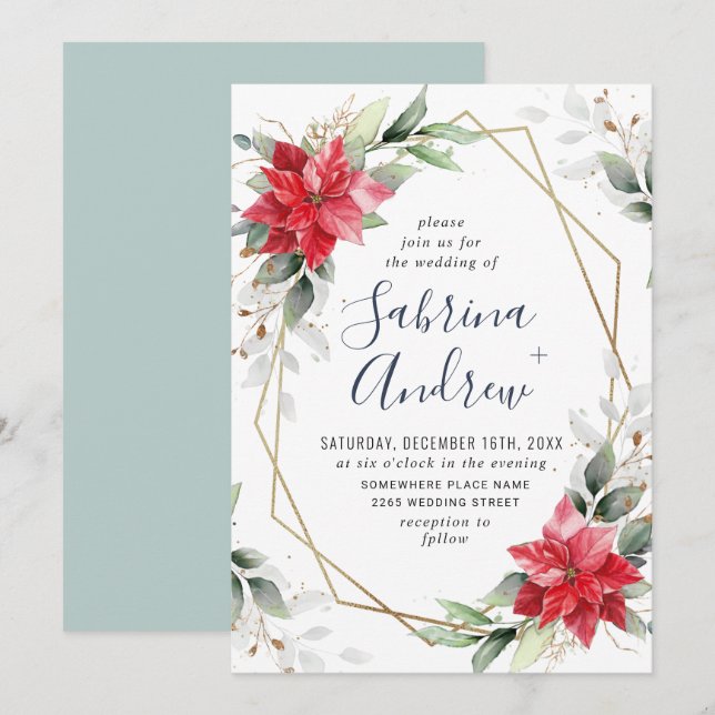 Elegant Red Poinsettia Winter Greenerity Wedding Einladung (Vorne/Hinten)