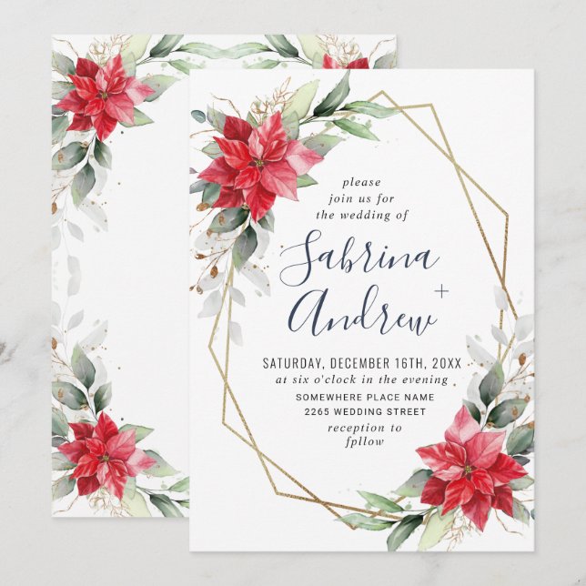 Elegant Red Poinsettia Winter Greenerity Wedding I Einladung (Vorne/Hinten)