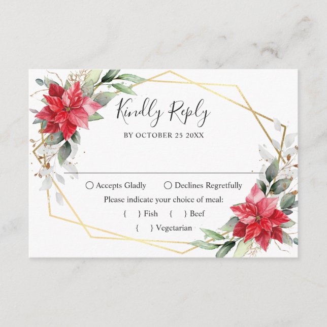 Elegant Red Poinsettia Winter Greenerity Wedding RSVP Karte (Vorderseite)