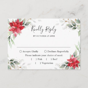 Elegant Red Poinsettia Winter Greenerity Wedding RSVP Karte