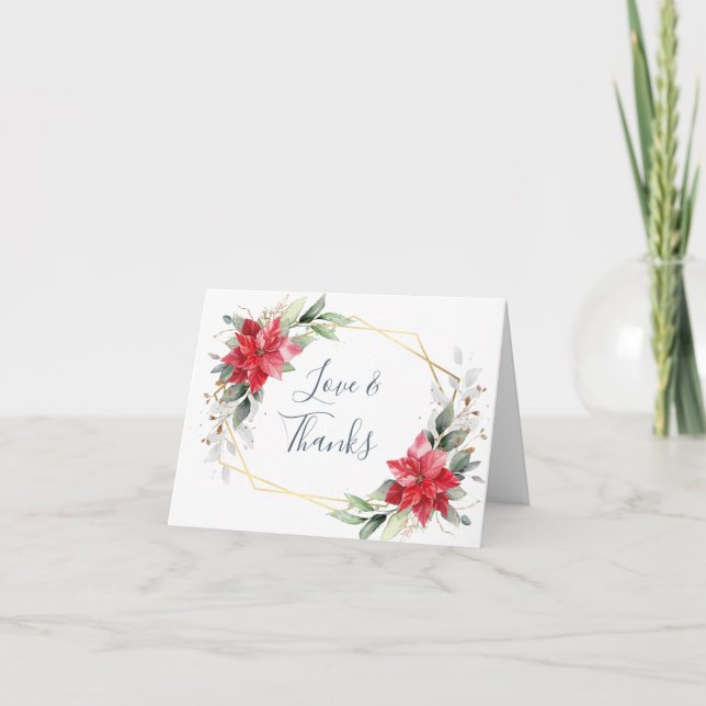 Elegant Red Poinsettia Winter Greenery Watercolor Dankeskarte (Vorderseite)