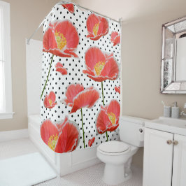 Elegant Red Poppies Polka Dots Chic Floral Duschvorhang