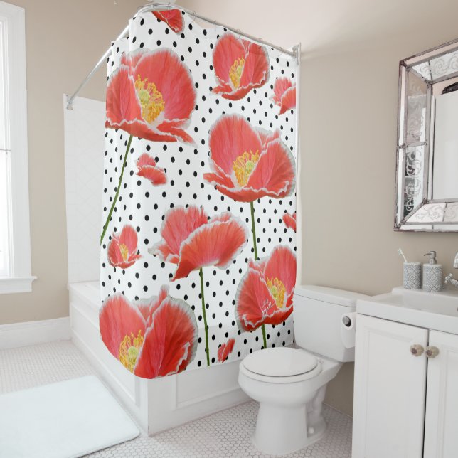 Elegant Red Poppies Polka Dots Chic Floral Duschvorhang (Beispiel)