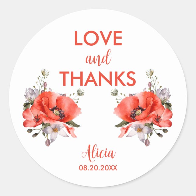 Elegant Red Poppy Greenerity Liebe & Danke Runder Aufkleber (Vorderseite)