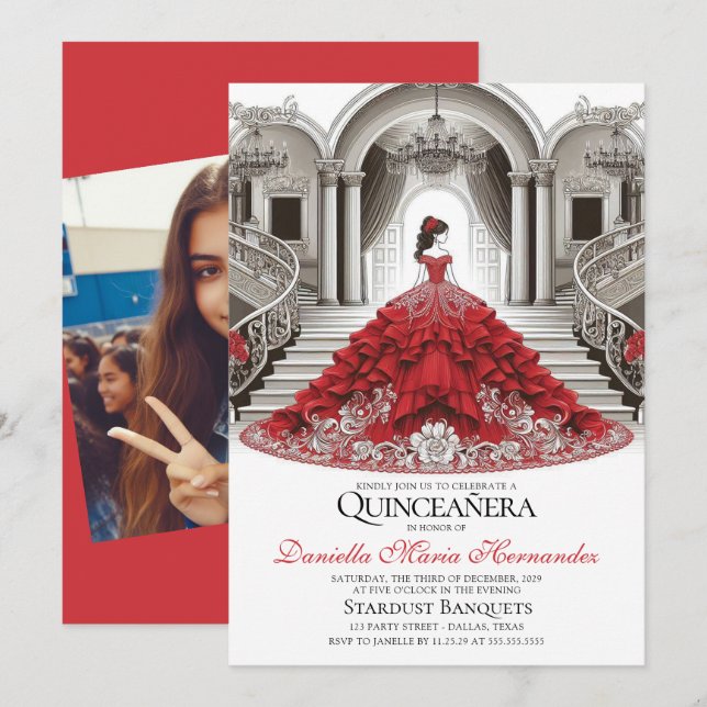 Elegant Red Quinceañera Einladung (Vorne/Hinten)