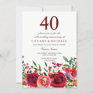 Élégant Red Rose 40e Mariage Invitation de l'anniv