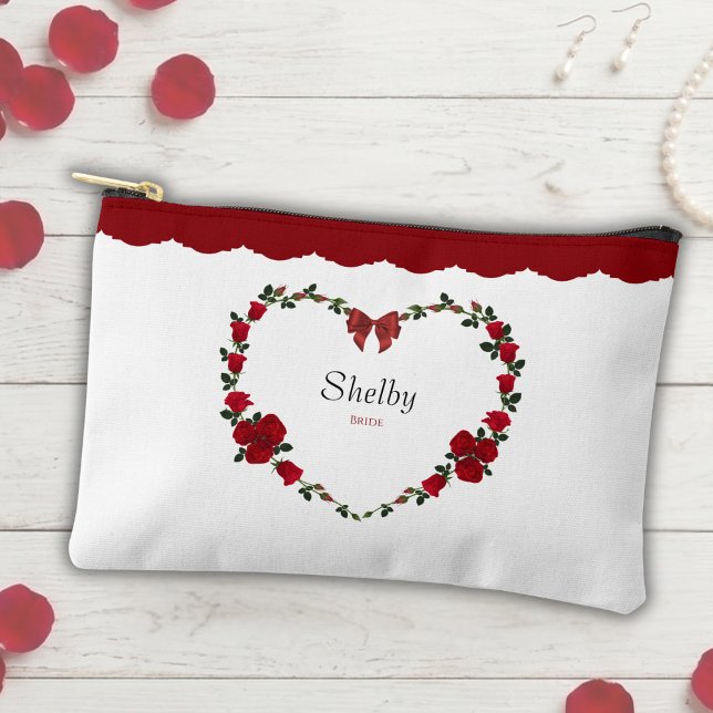 Elegant Red Rose Bride To Be Accessory Bag Zubehörtasche (A romantic red rose heart makeup bag for all your wedding day beauty essentials.)