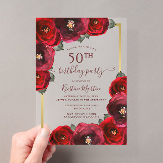 Elegant Red Rose Floral Gold 50th Birthday Party Acryleinladungen