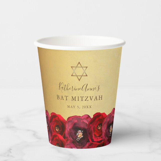 Elegant Red Rose Floral Gold Bat Mitzvah Pappbecher (Vorderseite)