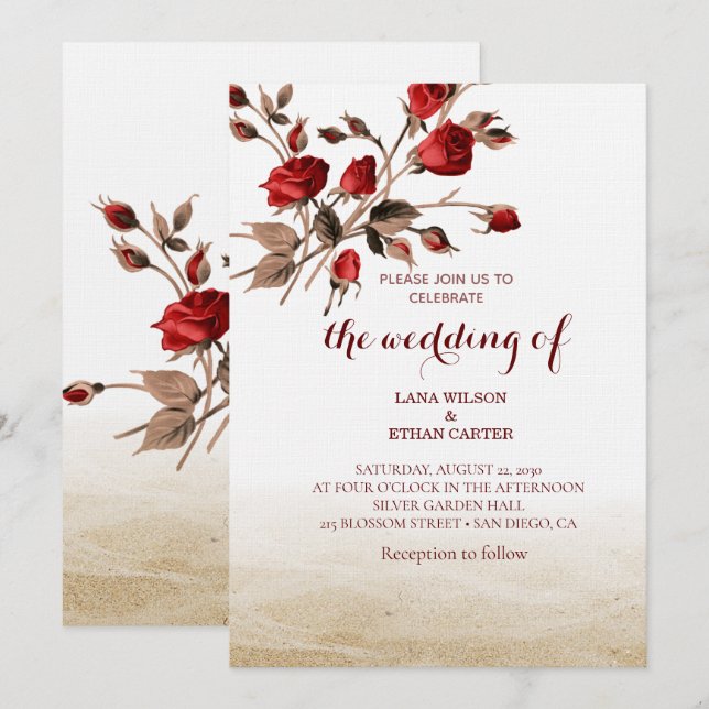 Elegant Red Rose Floral Vintage Art Einladung (Vorne/Hinten)
