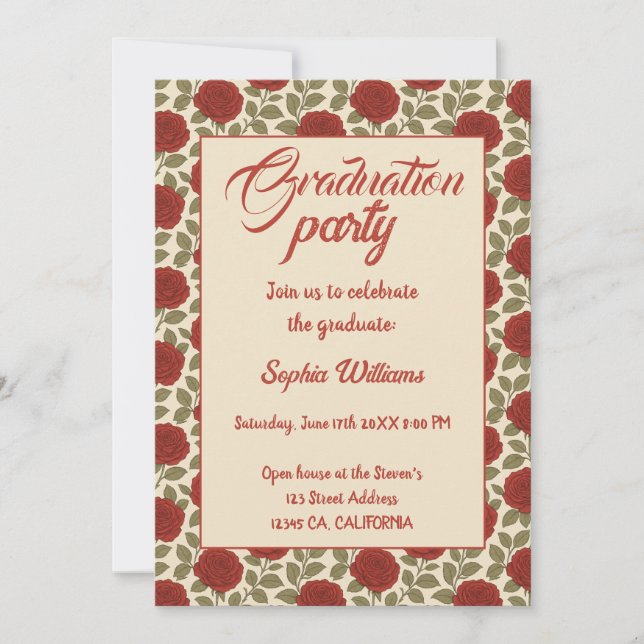 Élégant Red Rose Graduation Invitation avec photos (Devant)