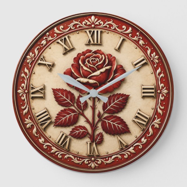 Elegant Red Rose Große Wanduhr (Vorderseite)