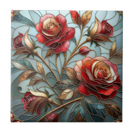 Elegant Red Rose Stained Glass Floral Gold Accent  Fliese