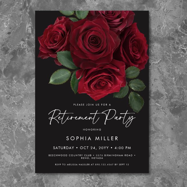Elegant Red Roses Floral Retirement Party Einladung (Elegant Red Roses Floral Retirement Party Invitation)