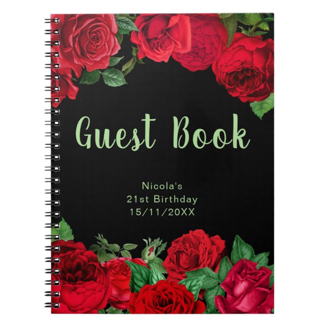 Elegant Red Roses Flowers Birthday Guest Book Notizblock (Vorderseite)