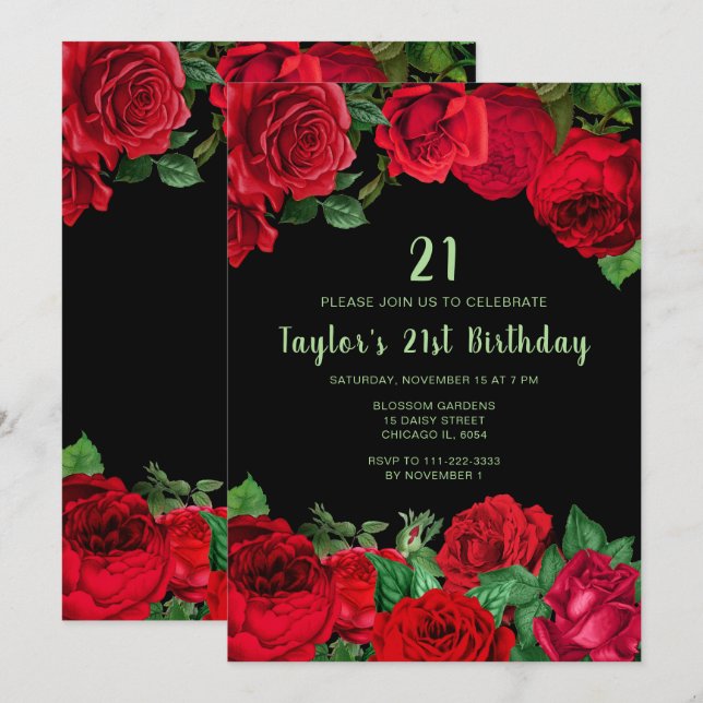 Elegant Red Roses Flowers Birthday Party Einladung (Vorne/Hinten)