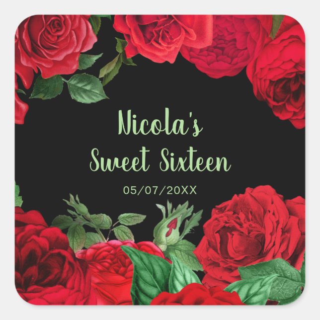 Elegant Red Roses Flowers Sweet Sixteen Quadratischer Aufkleber (Vorderseite)