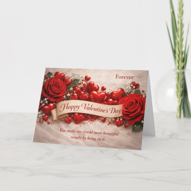 Elegant Red Roses & Hearts Valentine’s Day Karte (Vorderseite)